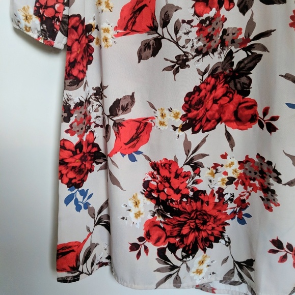 Summer SALE Floral Red Blue Dress, Mid length, Size Small, Long Sleeve Puff - Picture 8 of 8